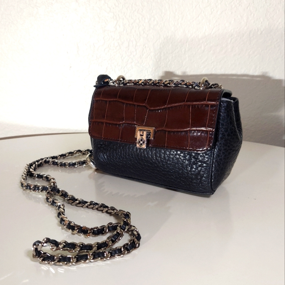 Brighton Black & Brown Leather Croc Embossed Foldover Chain Strap Crossbody Bag